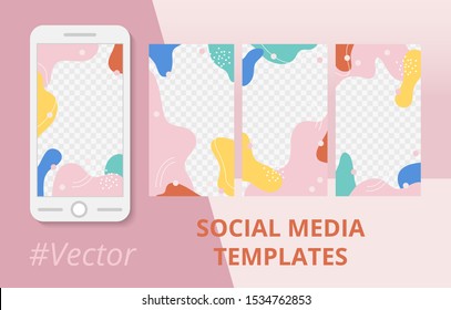 Modern design backgrounds for social media banner with pastel fluid shapes in Memphis style. Set of editable frame templates. Trendy minimalist story mockup for blog or shop. Vector illustration