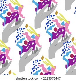 Modern design. Bright colors. Pattern with hands holding an abstract spots. Vector illustration. Light background, wallpaper, cartoon style, flat art