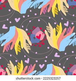 Diseño moderno. Colores brillantes. Patrón con las manos sosteniendo puntos abstractos. Fondo oscuro, papel pintado, estilo de dibujos animados, arte plano. Ilustración vectorial