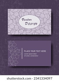 Modern design of business cards (front and back). Beautiful floral pattern on a purple background. Background for your postcard, flyer, invitation. Vector illustration.