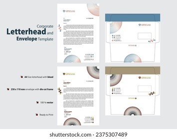 Modern design Business Letterhead and Envelope with 2 colors, blue gray and khaki. Letterhead template A4 size with bleed and and envelope with die cut frame. Ready to print 