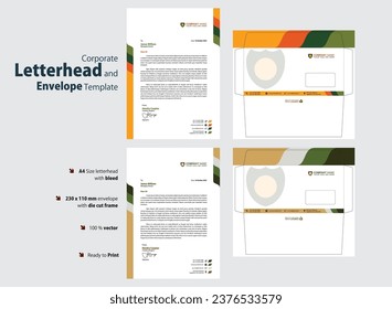 Modern design Business Letterhead and Envelope with 2 colors, orange and olive. Letterhead template A4 size with bleed and and envelope with die cut frame. Ready to print 