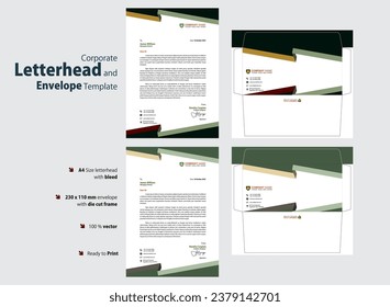 Modern design Business Letterhead and Envelope. Letterhead template A4 size with bleed and and envelope with die cut frame with two color choices. Ready to print 