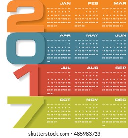 Modern design calendar 2017 year vector design template.12 mounts from January-December 2017. Week Starts Sunday. EPS10.
