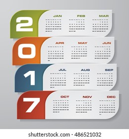 Modern design calendar 2017 year vector design template.12 mounts from January-December 2017. Week Starts Sunday. EPS10.
