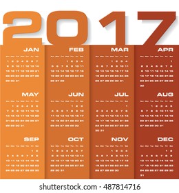 Modern design calendar 2017 year vector design template.12 mounts from January-December 2017. Week Starts Sunday. EPS10.
