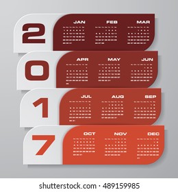 Modern design calendar 2017 year vector design template.12 mounts from January-December 2017. Week Starts Sunday. EPS10.