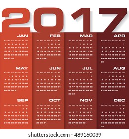 Modern design calendar 2017 year vector design template.12 mounts from January-December 2017. Week Starts Sunday. EPS10.
