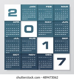 Modern design calendar 2017 year vector design template.12 mounts from January-December 2017. Week Starts Sunday. EPS10.