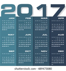 Modern design calendar 2017 year vector design template.12 mounts from January-December. Week Starts Sunday. EPS10.