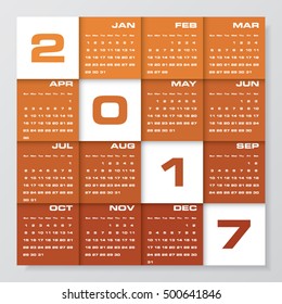 Modern design calendar 2017 year vector design template.12 mounts from January-December 2017. Week Starts Sunday. EPS10.