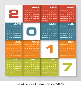 Modern design calendar 2017 year vector design template.12 months from January-December 2017. Week Starts Sunday. EPS10.