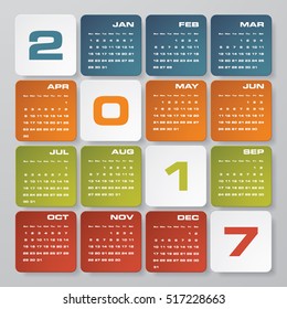 Modern design calendar 2017 year vector design template.12 mounts from January-December 2017. Week Starts Sunday. EPS10.