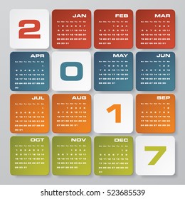 Modern design calendar 2017 year vector design template.12 mounts from January-December 2017. Week Starts Sunday. EPS10.