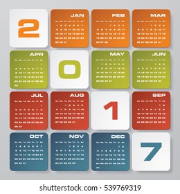 Modern design calendar 2017 year vector design template.12 mounts from January-December 2017. Week Starts Sunday. EPS10.
