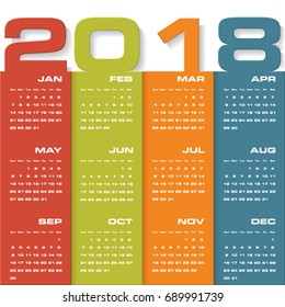 Modern design calendar 2018 year vector design template.12 mounts from January-December 2018. Week Starts Sunday. EPS10.