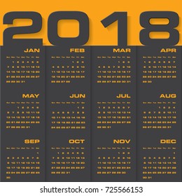 Modern design calendar 2018 year vector design template.12 mounts from January-December 2018. Week Starts Sunday. EPS10. Black color edition.