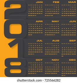 Modern design calendar 2018 year vector design template.12 mounts from January-December 2018. Week Starts Sunday. EPS10. Black color edition.