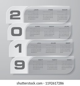 Modern design calendar 2019 year vector design template.12 mounts from January-December 2019. Week Starts Sunday. EPS10.