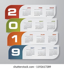 Modern design calendar 2019 year vector design template.12 mounts from January-December 2019. Week Starts Sunday. EPS10.