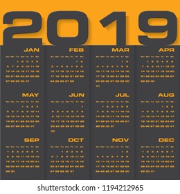 Modern design calendar 2019 year vector design template.12 mounts from January-December 2019. Week Starts Sunday. EPS10.