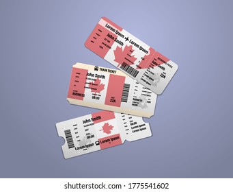 Modern design of Canada airline, bus and train travel boarding pass. Three tickets of Canada painted in flag color. Vector illustration isolated