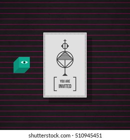 Modern design card template with mystic symbols and wacky colors. Useful for invitations, postcards and web design.