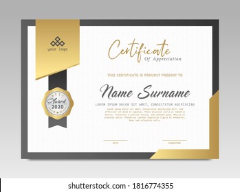 Modern Design Certificate. Black and Gold Certificate template awards diploma background vector modern design simple elegant and luxurious elegant. layout horizontal in A4 size 