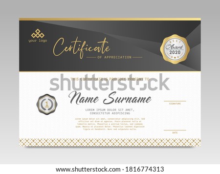 Modern Design Certificate. Black and Gold Certificate template awards diploma background vector modern design simple elegant and luxurious elegant. layout horizontal in A4 size 