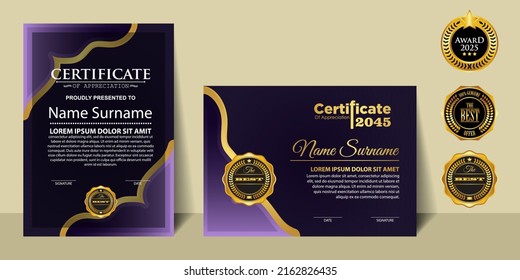 Concepto moderno de diseño del certificado. Diseño moderno elegante y lujoso, elegante y elegante, diploma de referencia de la plantilla de certificado de vectores. Plantillas de certificado