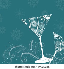 modern design champagne glass on creative floral pattern in sky blue color for party, Christmas, New Year & other occasions.