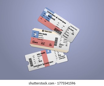 Modern design of Chile airline, bus and train travel boarding pass. Three tickets of Chile painted in flag color. Vector illustration isolated