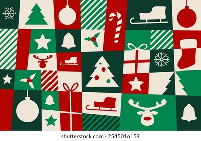 modern design christmas pattern with fantasy tree sleigh stocking reindeer star bell gift