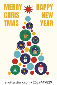 Design moderno com uma árvore de Natal feita de formas redondas. Feliz Natal e feliz ano novo cartão de saudação, cartaz, modelo de banner em estilo geométrico moderno.