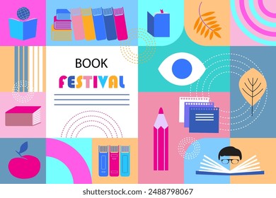 Modern design concept of book festival. Abstract tiles with books and reading elements. Vector card, print or poster. 