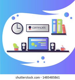 Modern Design Concept of Creative Office Workspace in Flat Style. Icons Collection of Business Work Flow Items and Elements, Office Things, Objects and Equipment for Workplace Design.