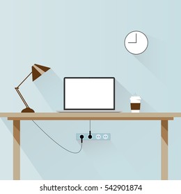 Modern design concept of creative office workspace. Office things, objects and equipment for workplace design. Flat style. Vector illustration