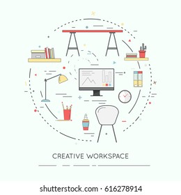 Modern design concept of creative office workspace for website and mobile website. Thin line flat design banner . Vector illustration.