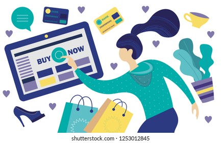 Modern design concept of flat web pages to a web site and mobile web site. Girl with a computer shopping in the online store. Vector illustration.