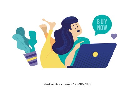 Modern design concept of flat web pages to a website and mobile website. Girl with a computer shopping in the online store. Vector illustration.