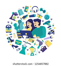 Modern design concept of flat web pages to a web site and mobile web site. A girl and a man with a computer shopping in the online store. Vector illustration.