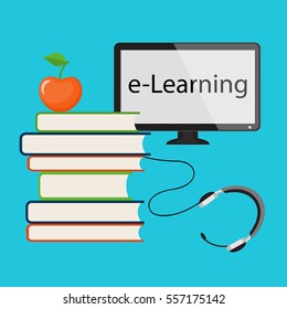 Modern design concept of the learning for website or banner of e-learning, training, business courses, online education, seminar, webinar with books, apple and laptop. eps 10