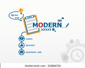 Modern design concept and notebook for efficiency, creativity, intelligence. Hand writing Modern with blue marker