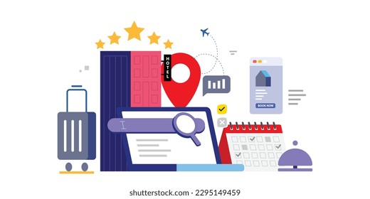 The modern design concept of planning a tour and travel, hotel search, online booking, reservation on the laptop,  Vector illustration flat trendy design style. 
