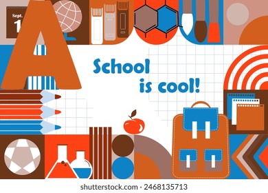 Modern design concept of school theme. Abstract tiles with education elements. Vector school card, print or poster. 