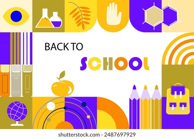 Modern design concept of school theme. Abstract tiles with education elements. Vector school card, print or poster. 