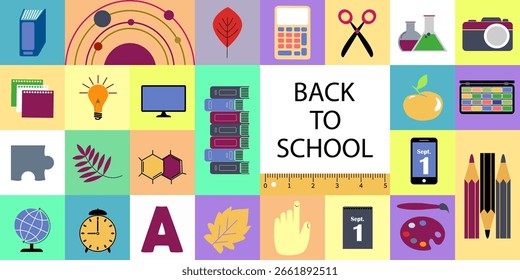 Modern design concept of school theme. Abstract tiles with education elements. Vector school card, print or poster. 