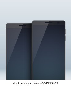 Modern design concept set with two identic black portables with shadows on the large blanks and touchscreen interfaces on the light grey background vector illustration