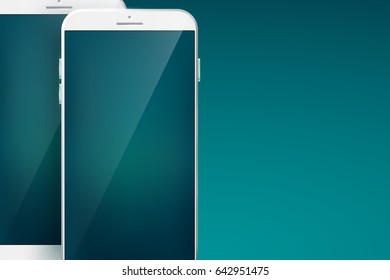 Modern design concept smartphone set with two white cellphones with shadows on the large blanks and touchscreen interfaces on the blue background vector illustration