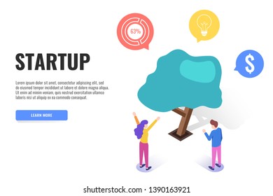 Modern design concept of Startup project. Growing tree. Landing page template, web banner, infographics. Isometric vector illustration.